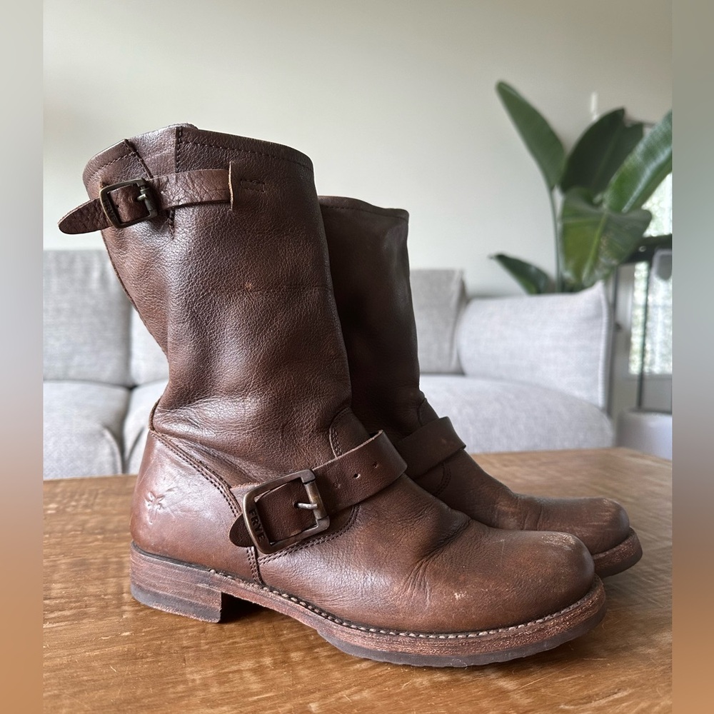 Frye Women’s Veronica Short Mid Calf Brown Leather Motorcycle Boots Size 6